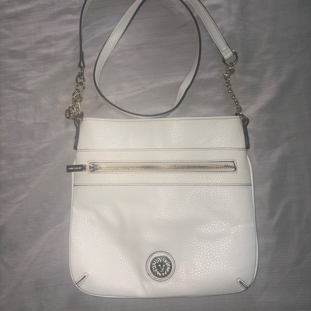 Anne Klein White Pebbled Crossbody Bag with Gold Hardware